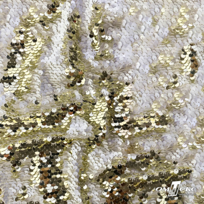 Трикотажное полотно, Сетка с пайетками, шир.130 см, #315, цв.-белый/золото - купить в Новосибирске. Цена 693.39 руб.